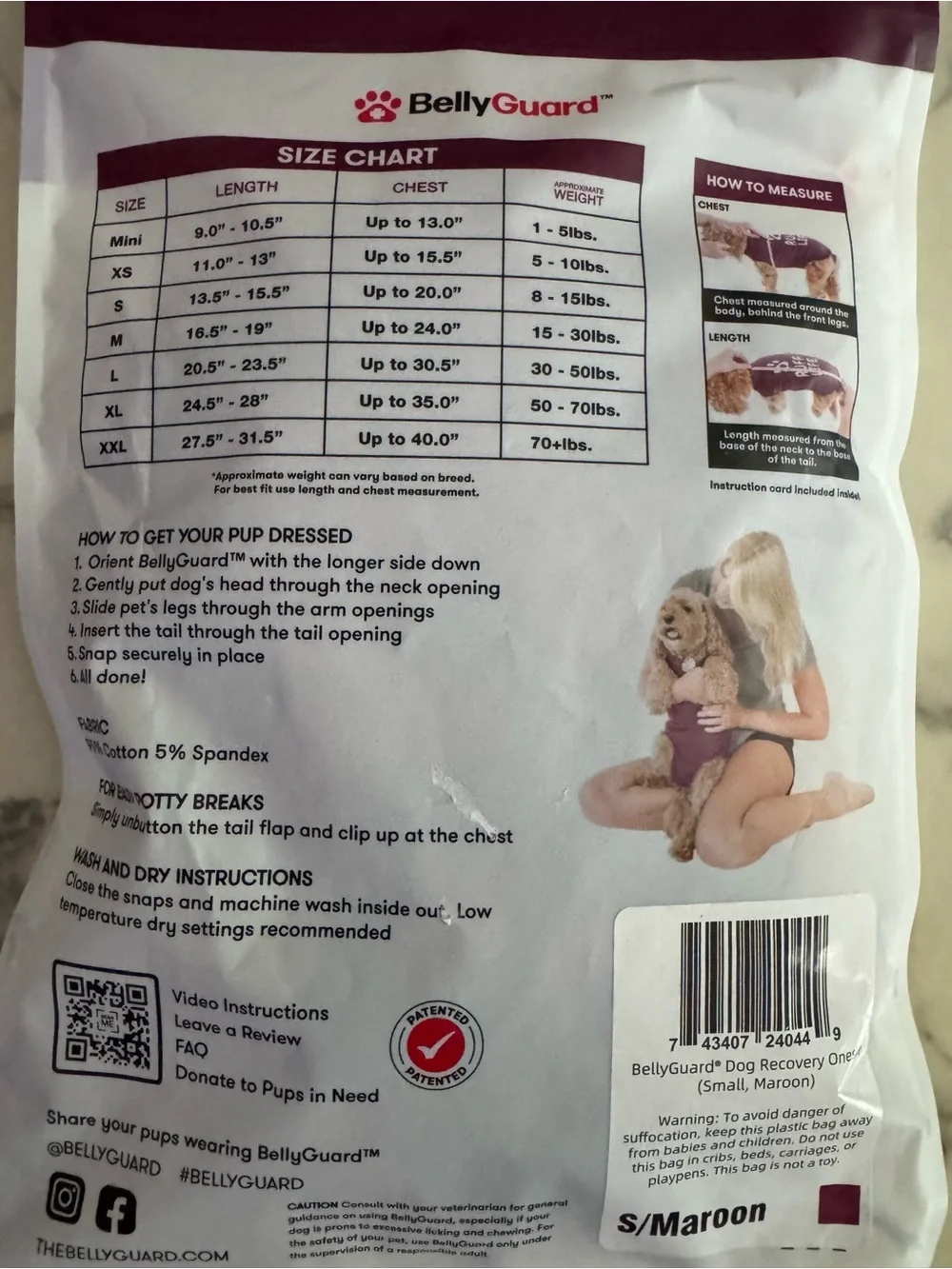 BellyGuard Dog Recovery Garment • No Cone Comfort • Size Small 8-15lbs Maroon